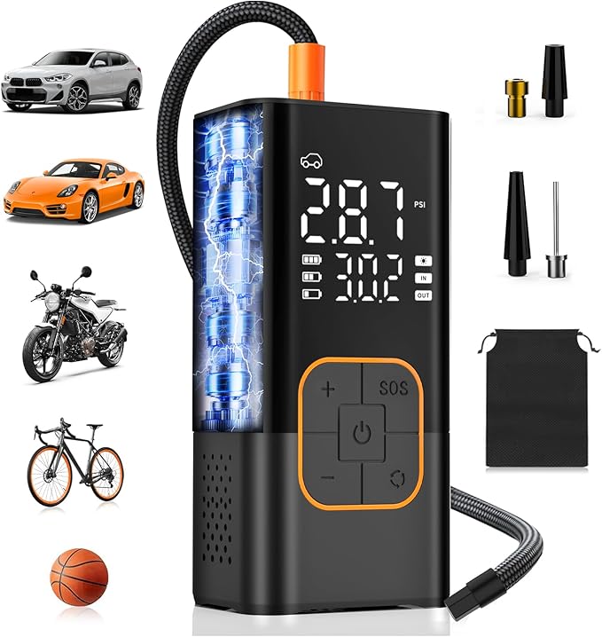 Tire Inflator Portable Air Compressor, Cordless Car Tyre Pump with Digital Dual Values Display, 150 PSI Bike Tires Air Pump with LED Lights&Pressure Gauge for Auto/Bicycle/Motocycle/Balls