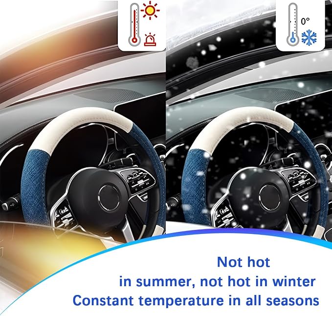 Zpana Car Steering Wheel Cover, 15" Linen Breathable Soft Anti-Slip Full Surround Vehicle Steering Wheel Protector, Automobile Interior Protection, Universal for Sedan Truck SUV (Blue/White)