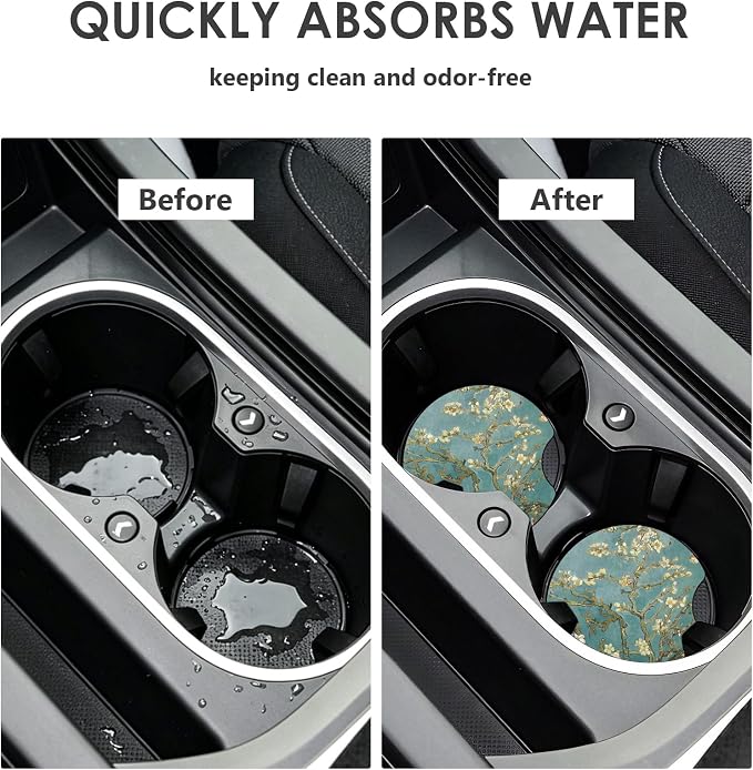2 Pack Car Coasters，2.75-inch Neoprene Non-Slip Cup Holder Coasters for Car，Cute Car Interior Accessories for Men and Women，Green Tree