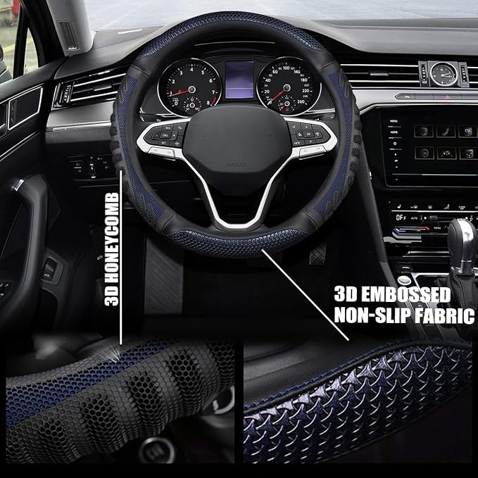 Osilly Car Steering Wheel Cover, Anti-Slip Leather Breathable Comfortable Automotive Steering Wheel Cover Protector Decoration for Men and Women, 15 Inch Universal for SUV, Truck, RV（Blue）
