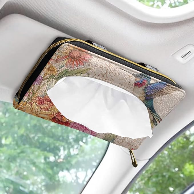 Hummingbird Bohe Flower Car Visor Tissue Holder Premium Car Tissue Box Holder PU Leather Tissues Box Cover for Car