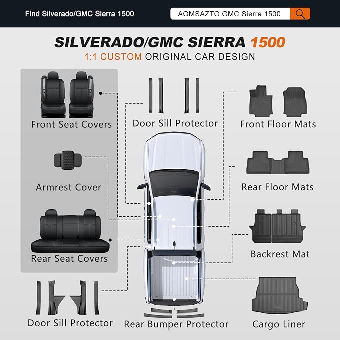 AOMSAZTO Car Seat Cover for Chevy Silverado/GMC Sierra 1500 (1999-2006) - Black/Light Gray Full Set Seat Covers