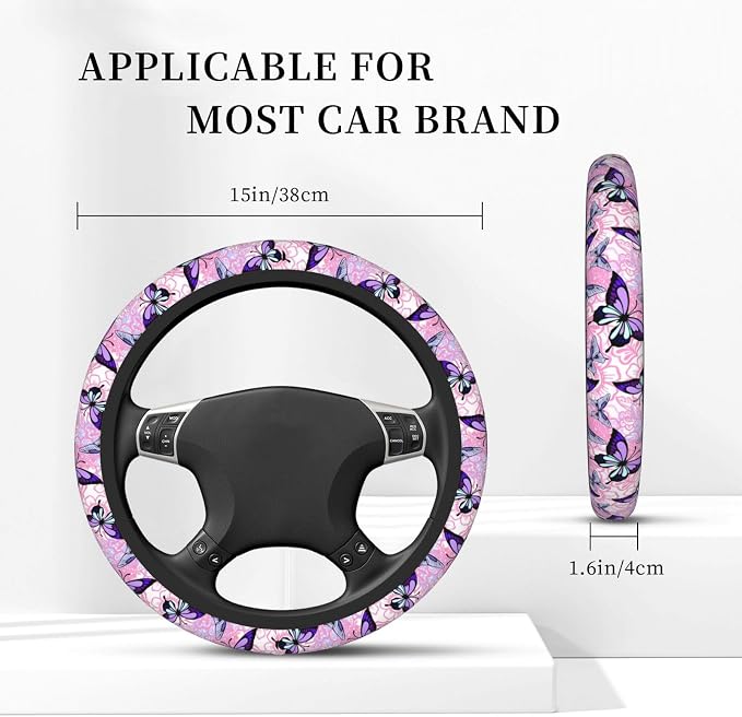 Pink Floral Purple Butterfly Pretty Steering Wheel Cover For Women Men Girls Car Accessories Decor Anti-Slip Neoprene Auto Steering Wheel Covers Protector Universal 15 Inch