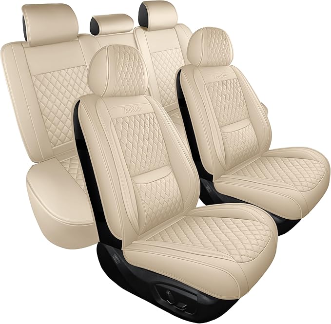 Light Beige Thick Nappa Leather Automotive Car Seat Covers Full Set | Univerasal Precision Fit,Lumbar Support,3D Contoured,Waterproof,ThickTexture,for most Suvs Trucks Sedans