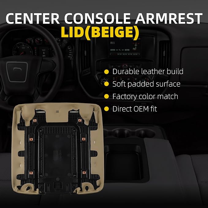 Dasbecan Center Console Lid Compatible with 2014-2018 Chevy Chevrolet Silverado/GMC Sierra 1500 2500HD 3500HD Front Center Console Armrest Lid with Liner Mat Replace# 22881398(Beige)