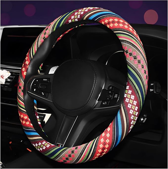 Boho Steering Wheel Cover, Anti-Slip Coarse Flax Cloth Ethnic Style Auto Wheel Cover, Breathable Boho Auto Steering Wheel Protector for Women Men, Car Accessories (Style F)