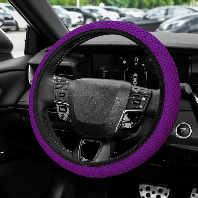 Elastic Stretch Steering Wheel Cover, Steering Wheel Protector, 15 Inch Anti-Slip Breathable Microfiber Ice Silk Protection, Easy Carry, Warm in Winter & Cool in Summer for Cars (Violet)