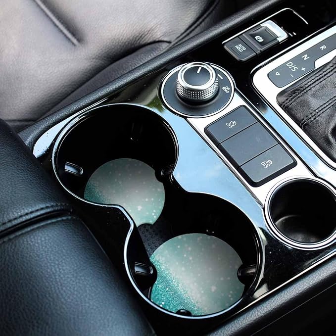 Teal Sparkle 2 Pack Car Cup Holder Coaster Anti Slip Insert Absorbent Ceramic Car Coaster with Cork Base and Finger Notch Cute Car Accessories Interior for Women Men