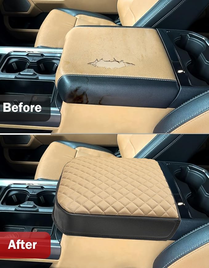 KBH Center Console Armrest Cover for F250-F550 Super Duty 2023-2026, Bucket Seat, Vinyl Leather Interior Trim, Arm Rest Lid Cushion Rrotector, Anti-Scratch, Baja Tan