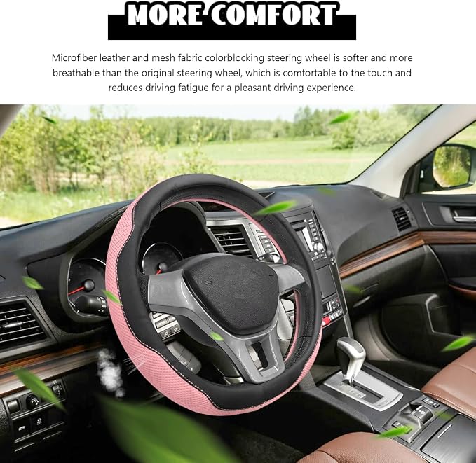 Microfiber Leather Steering Wheel Cover, Breathable Steering Wheel Protector with Anti-Slip Inner Ring, Universal 14.5"-15" Car Wheel Cover Auto Interior Decor for Men Women (Pink)