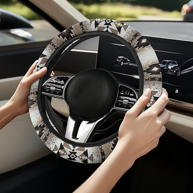 Wanyint Southwestern Aztec Brown Auto Steering Wheel Cover Universal 15 Inch Diameter Anti-Slip Neoprene Car Steering Wheel Protector for Women Men
