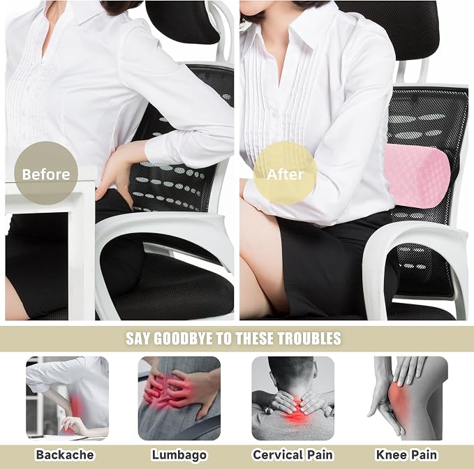 Coeyese Lumbar Roll Pillow for Lower Back Support, Light Pink, 15 * 4.3'' | Removable Pillowcase, Upgraded Adjustable Strap, Suitable for Office, Chair, Car, Seat Pain Relief & Improving Posture