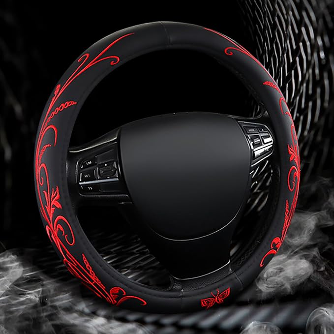 Car Leather Steering Wheel Cover - Panapi Material, Universal 14.5-15 Inch Leather Anti-Slip Breathable Auto Steering Wheel Covers for Men Women (Embroidery-Red)
