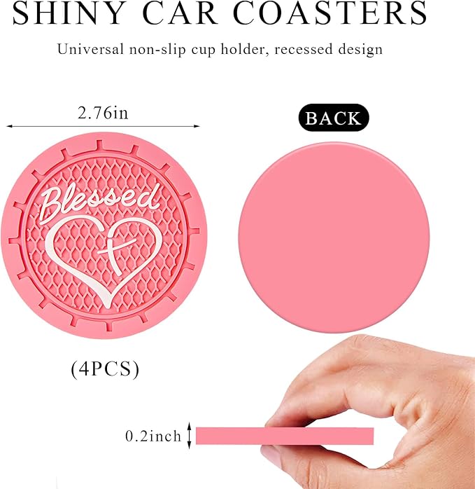 KVAEY 2 PCS Car Cup Holder Coasters, 2.76 Inch Anti Slip Vehicle Drink Mats with Cute Blessed Cross and Heart, Shockproof, Universal Car Accessories (Pink, 4 PCS)