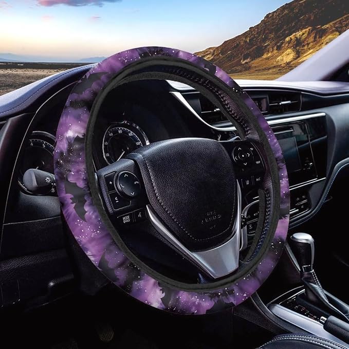 Wanyint Car Steering Wheel Cover Soft Stretch Auto Steering Wrap Protector for Women Men, Universal Halloween Auto Accessories Fit Most Vehicles, Bat Purple Tie-dye