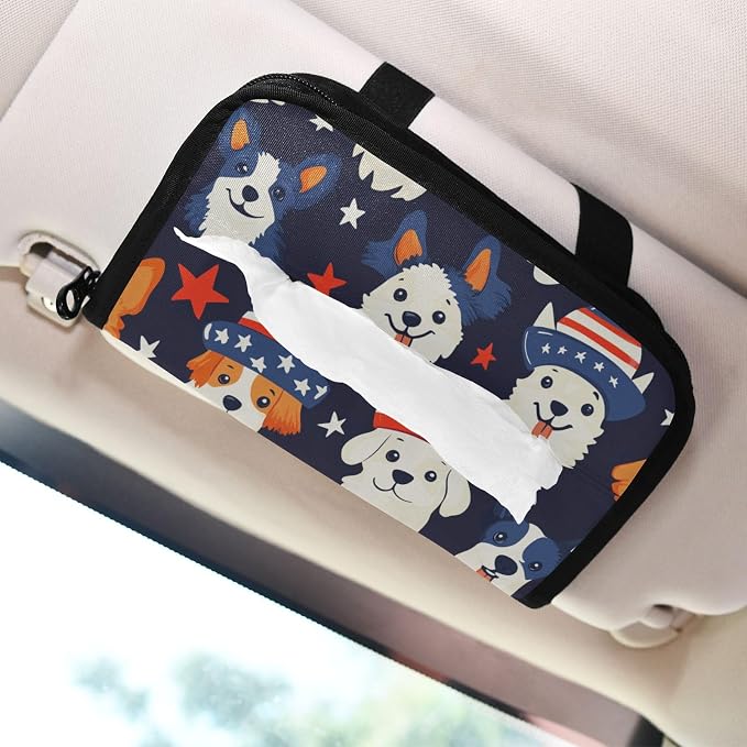 Car Visor Tissue Holder Mask Holder for Car, Car Tissue Box Sun Visor Napkin Holder Car Visor Accessories Adjustable Straps Reusable Durable Easy to Install July 4th Cute Dogs Blue