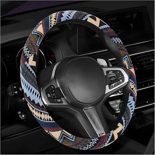 Boho Steering Wheel Cover, 15 Inch Coarse Flax Cloth Ethnic Style Anti-Slip Car Wheel Wrap, Universal Breathable Bohemian Steering Wheel Protector for Cars Vans Trucks (H)