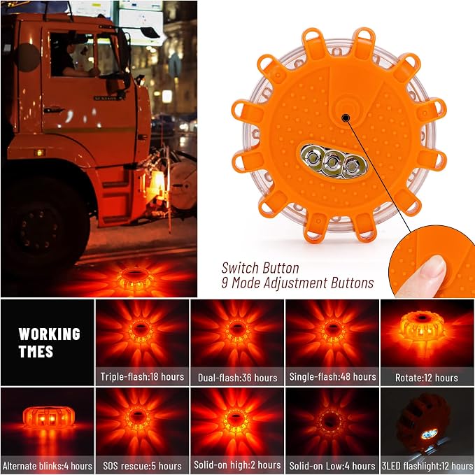HEIGPAN GP906B Rechargeable LED Road Flares Emergency Lights Kit Roadside Warning Car Traffic Safety Beacon Flashing Disc Flare 9 Modes Strobe with Magnetic Base for all vehicles，6 Pack