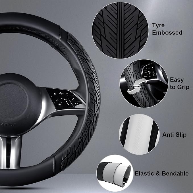 CAR PASS Leather Rubber Steering Wheel Cover 14 1/2” -15”,Tire Tread Pattern Design,Non-Slip Wear-Resistant, Heavy Duty Deep-Dish Car Floor Mats, Trim-to-Fit Car Mat,Fit for Steering Wheel Black