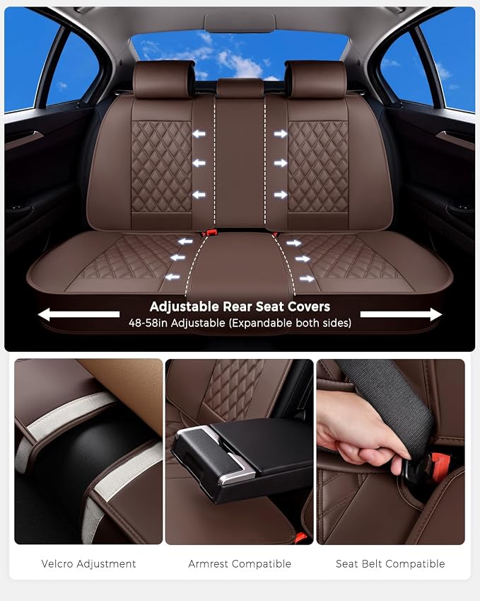 Huidasource Coffee Seat Cover, Car Seat Cover Nappa Leather Universal Fit for Most Cars, Vans, Trucks, SUVs, Compatible with Airbags, Child Seat, SUV Seat Covers Velcro Adjustable (Full Set/Coffee)