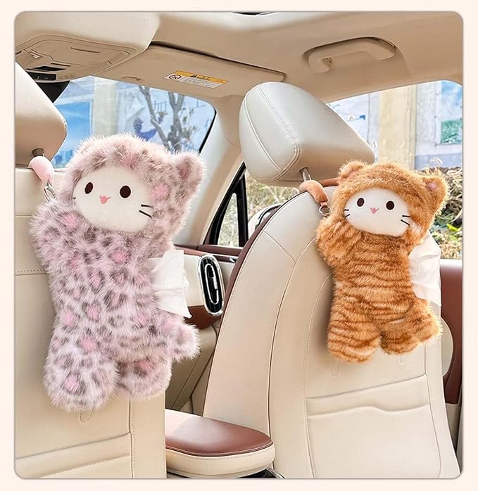 Tissue Box Cover Plush Tissue Box Holder for Car, Home, Decorative Holder/Organizer for Bathroom Vanity Countertop, Nightstands, Office Desk-Pink Leopard Cat