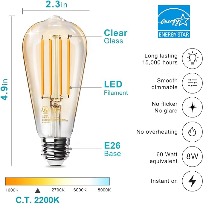TJOY LED Edison Light Bulbs, E26 Dimmable Vintage Bulb, 8W = 60W Equivalent | Amber White 2200K, 800LM, E26 Base, ST19/58, 80+ CRI, Amber Glass, Antique Decorative Filament Bulb for Living Room, 6 Pack