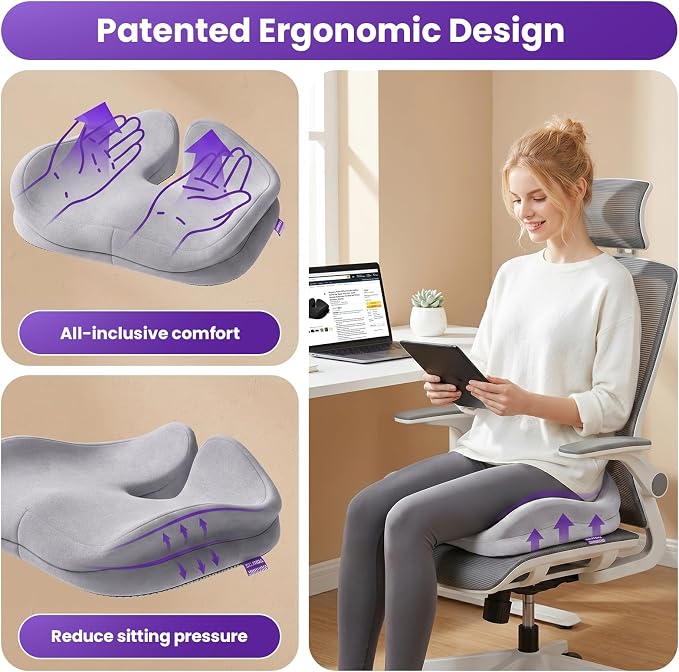 ZZ-WELL Seat Cushions for Office Chairs, Coccyx Cushion for Tailbone Pain, Memory Foam Butt Pillows for Computer Gaming Chair, Patented Pressure Relief Design Chair Cushion (Light Grey, XX-Large)