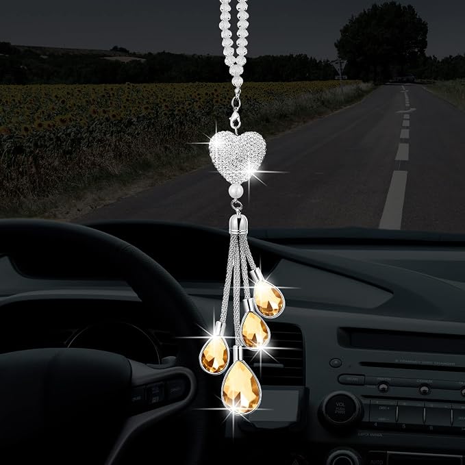 Frienda Bling Car Rear View Mirror Accessories for Women Gift Cute Heart Crystal Hanging Charm Diamond Decoration Lucky Interior Ornament Pendant(9.8 Inch,Champaign Gold)