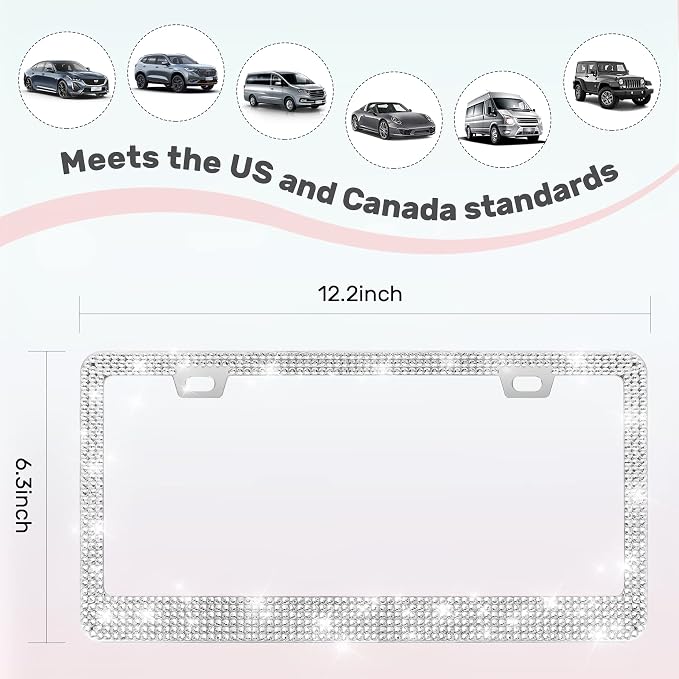 QUANQIUFEI 1 Pack Bling License Plate Frames, Sparkly Rhinestone Diamond Car License Plate Cover for Women, Stainless Steel Car Accessories with Glitter Crystal Caps (1 Pack White)