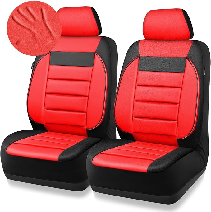 CAR PASS Leather Car Seat Covers Front Seats Only, Universal Fit Automotive Interior Waterproof 3D Foam Back Support Car Seat Covers for Trucks Vans and SUVs Airbag Compatible 2 Pieces （Black Red