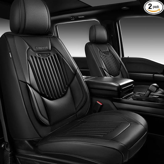 CAR PASS Luxury Nappa Leather Car Seat Covers Two Front, Lumbar Support Seat Covers for Car 2 Seats, Waterproof Car Seat Protector, Automotive Seat Cover Universal Fit for Most Sedans SUV Trucks Black