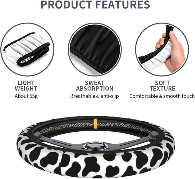 Black and White Cow Print Steering Wheel Cover Anti-Slip and Practical 14.5-15 Inch Universal Car Steering Wheel Cover with 2 Pieces Car Coasters Suitable for Men Women