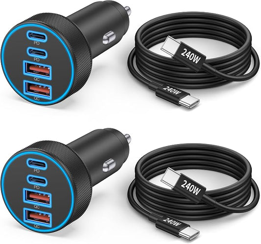 for iPhone 17 16 15 Pro Max Car Charger, 2-Pack 90W 4-Port Car Charger USB C Fast Charge Cigarette Lighter Adapter Accessories with 240W 3FT USB C Cable for iPhone 17/17 Pro/Air/16/15 Pro Max, Android
