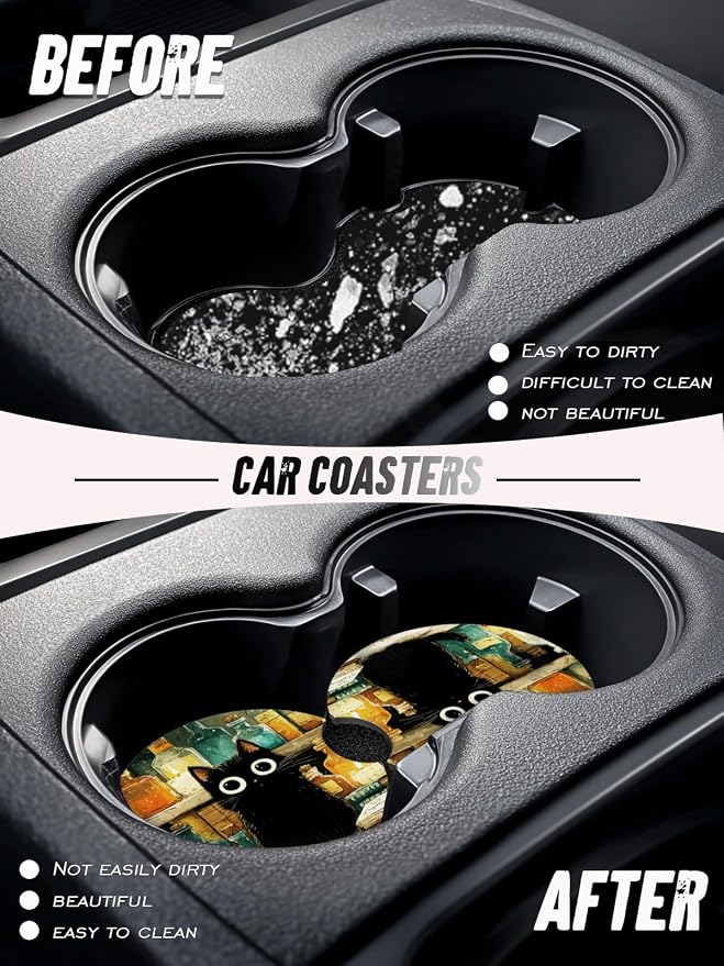 Car Cup Coasters,2 Pack Car Coaster,2.75inch Anti Slip and Absorbent Cars Coasters for Cup Holders,Car Accessories for Women,Cute Decor for Women (Black Cat)