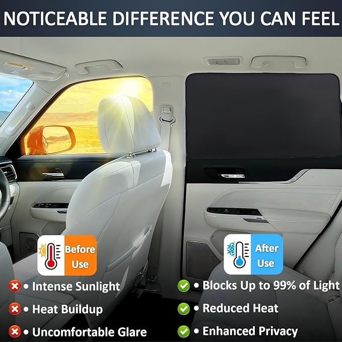 XCBYT Blackout Magnetic Car Window Shades for Rear Windows, 2 Pack | UV & Heat Protection, Magnetic Sun Shades for Baby Sleep, Privacy Nursing Covers, Fits steel frames only, measure first