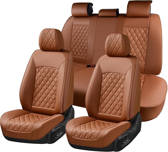 Huidasource Brown Seat Covers, Nappa Leather Car Seat Covers, Velcro Adjustable, Compatible with Airbags, Child Seat, Seat Belts, Fit for Most Cars, Vans, Trucks, SUVs (Full Set/Brown)