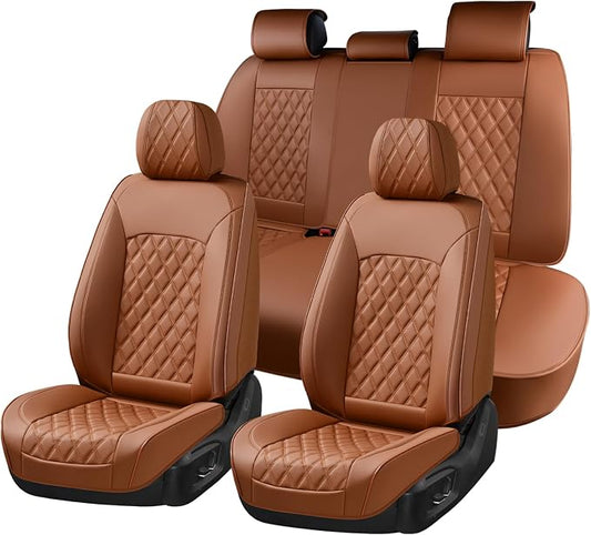 Huidasource Brown Seat Covers, Nappa Leather Car Seat Covers, Velcro Adjustable, Compatible with Airbags, Child Seat, Seat Belts, Fit for Most Cars, Vans, Trucks, SUVs (Full Set/Brown)