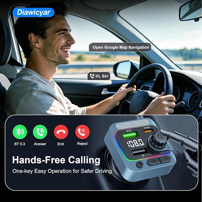 63W FM Transmitter Bluetooth Car Adapter, Wireless FM Bluetooth Transmitter | [PD 45W & QC3.0] Fast Charge, Deep Bass Player, Hands-Free Calling, Blue