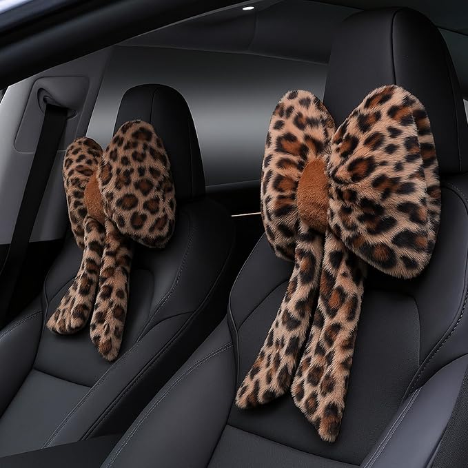 Macarrie 2 Pcs Leopard Car Neck Pillow Plush Butterfly Bow Car Headrest Pillow Comfortable Seat Neck Support Cute Head Rest Accessories for Driving Travel Driver Chair Girl Interior Decor(Brown)