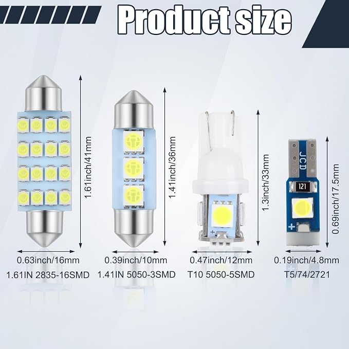 24PCS LED Interior Car Lights Kit - 42mm 36mm Festoon & T10 194 168 W5W T5 74 Canbus Error Free Super Bright 6000K White Dome Map Trunk License Plate Gauge Cluster Bulbs with Pry Tool