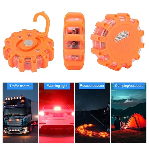3 Pack LED Road Flares Emergency Lights, Roadside Emergency Disc Beacon Kit with Magnetic Base and Hook, 9 Flash Modes for Car Truck RV Boat