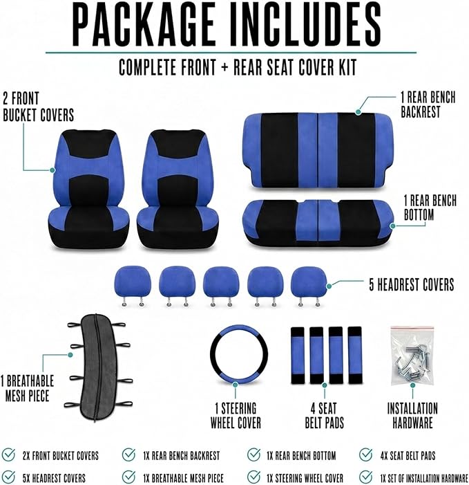 FH Group Full Set Cloth Car Seat Covers , Universal Fit Combo Set with Steering Wheel Cover and Seat Belt Pad for Cars, SUVs and Trucks, Blue