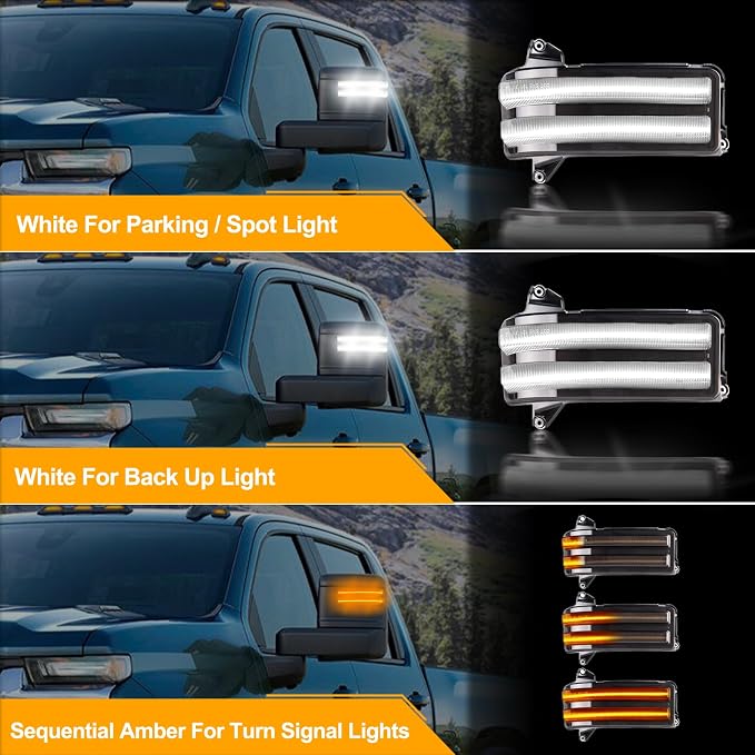 Gempro LED Sequential Amber Side Mirror Marker Turn Signals White Parking Cargo Lights Switchback Tow Mirror Lamps for 2020-2024 Chevy Silverado/GMC Sierra 2500 3500, Smoked Len