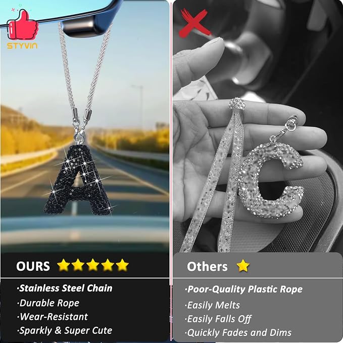 Letter A Bling Black Car Accessories Interior for Women, Interior Charm Rear View Mirror Cute Crystal Pendant Car Decorations for Men, Lucky Gifts Diamond Rhinestone