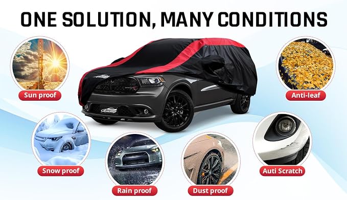 Car Cover Custom Fit Dodge Durango 2004-2025, SUV Cover Waterproof All Weather with Red Strip Design for Rain, Sun, Snow, Dust Protection