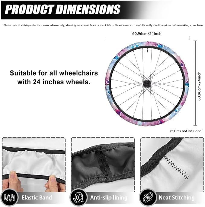 2 Pairs Wheelchair Tire Covers Protectors Watercolor Pink Blue Tie-Dye Stars 24 Inch Wheelchair Cover Non Slip Wear Resistant Wheelchairs Ring Protective Covers for Adults