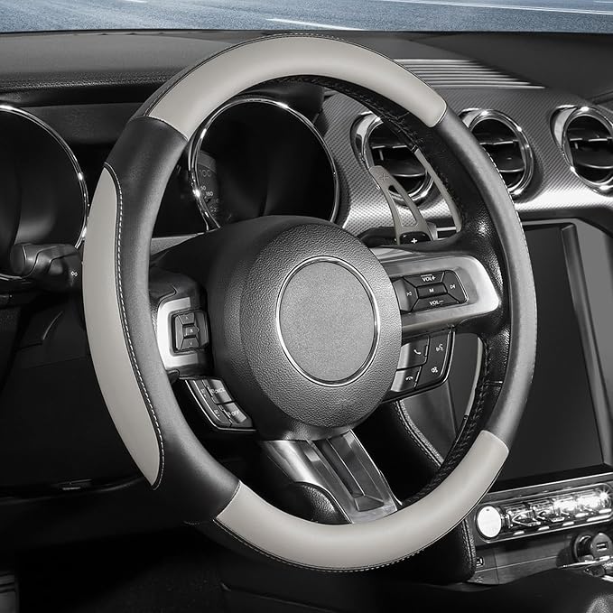 SEG Direct Car Steering Wheel Cover for Medium Standard Size Steering Wheels with 14 1/2-15 inches Outer Diameter, Black and Gray Microfiber Leather