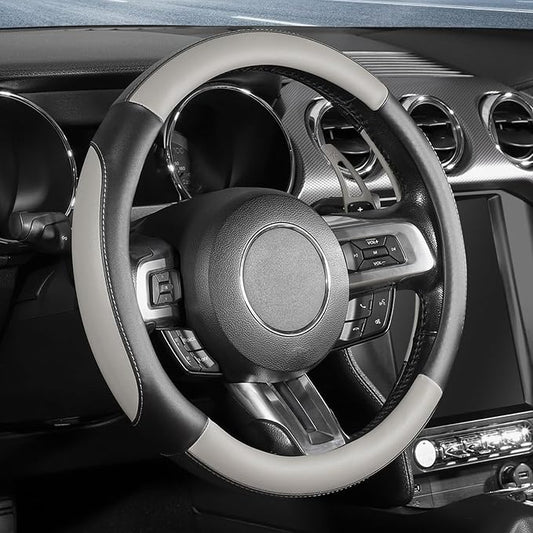 SEG Direct Car Steering Wheel Cover for Medium Standard Size Steering Wheels with 14 1/2-15 inches Outer Diameter, Black and Gray Microfiber Leather
