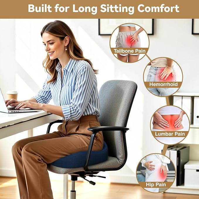 TushGuard Ergonomic Seat Cushion with Coccyx Cutout - 4-Zone Structure Office Chair Cushions for Tailbone Pressure Relief, Non-Slip Chair Pad with Washable Cover for Car, Office, Wheelchair, Blue