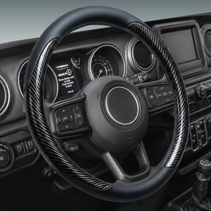 Yangday Leather Steering Wheel Cover for Jeep Wrangler Grand Cherokee Compass, 14.5-15 inches Car Steering Wheel Cover with Non-Slip Breathable (Carbon Black)